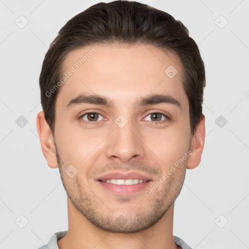 Joyful white young-adult male with short  brown hair and brown eyes