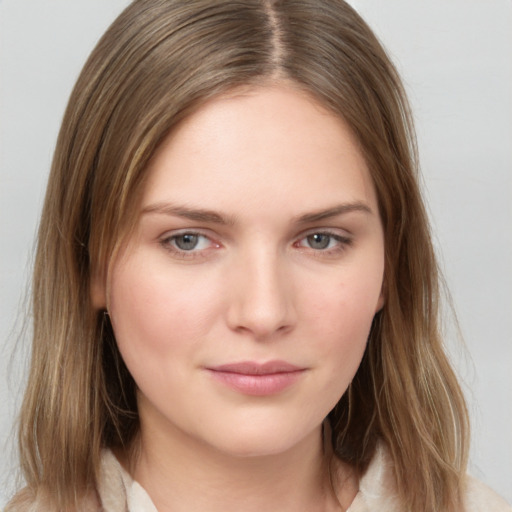 Neutral white young-adult female with medium  brown hair and brown eyes