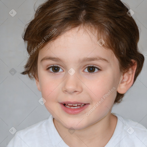 Joyful white child female with medium  brown hair and brown eyes