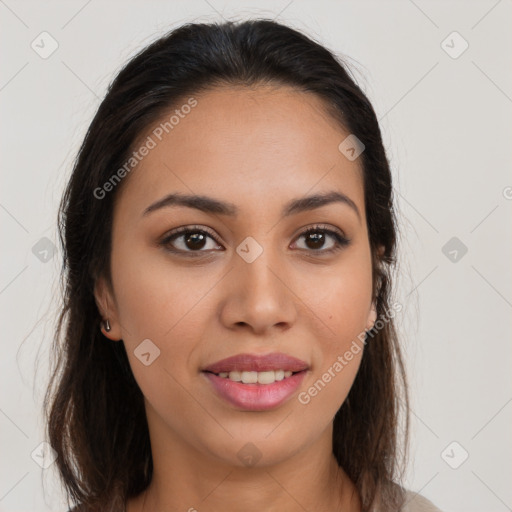 Joyful white young-adult female with long  brown hair and brown eyes