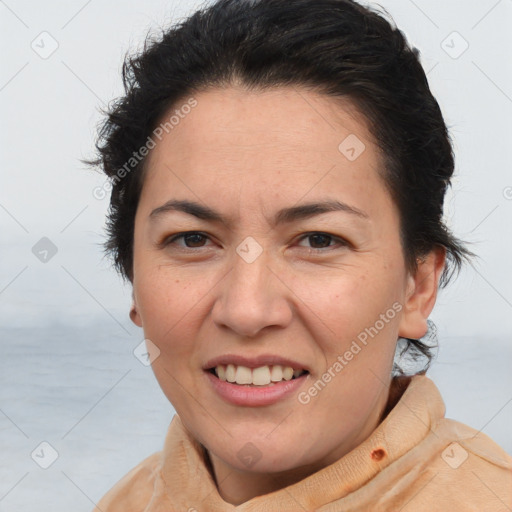 Joyful white adult female with short  brown hair and brown eyes