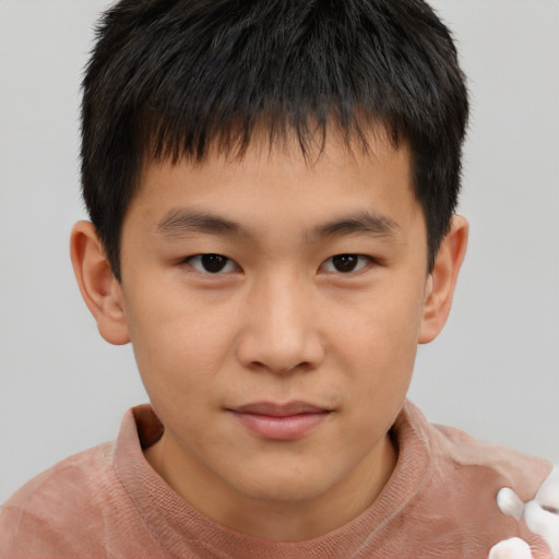 Joyful asian child male with short  brown hair and brown eyes
