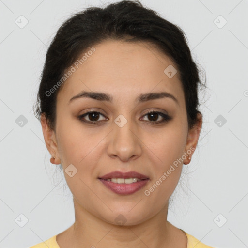 Joyful white young-adult female with short  brown hair and brown eyes