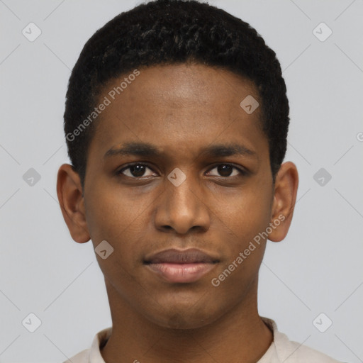Neutral black young-adult male with short  black hair and brown eyes