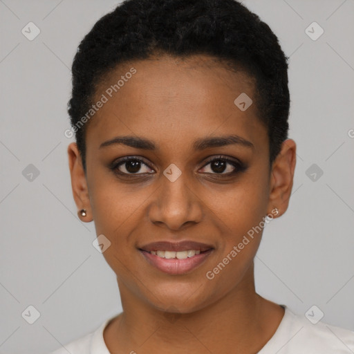 Joyful black young-adult female with short  black hair and brown eyes