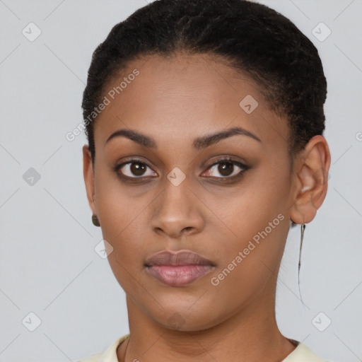 Neutral black young-adult female with short  brown hair and brown eyes