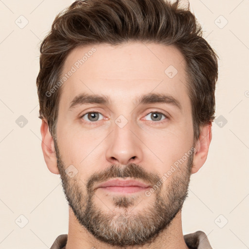 Neutral white young-adult male with short  brown hair and brown eyes