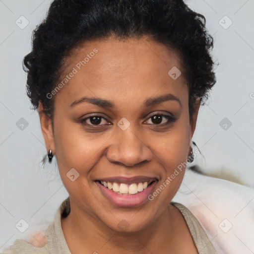 Joyful latino young-adult female with short  brown hair and brown eyes