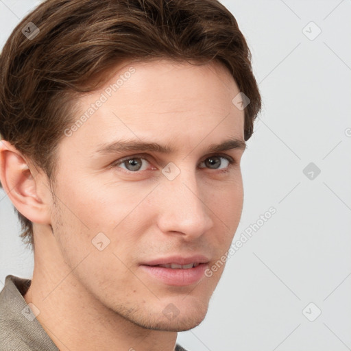 Neutral white young-adult male with short  brown hair and grey eyes