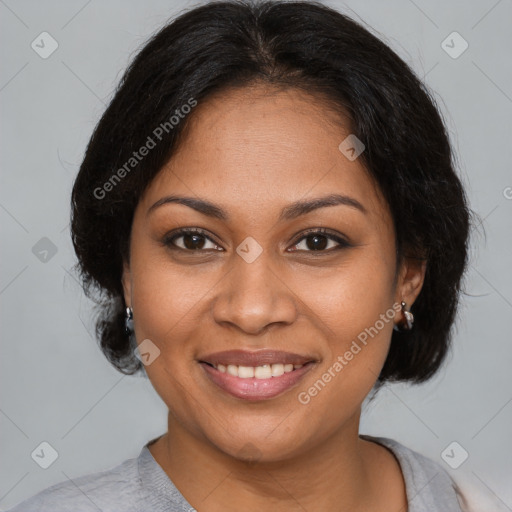 Joyful black young-adult female with medium  brown hair and brown eyes