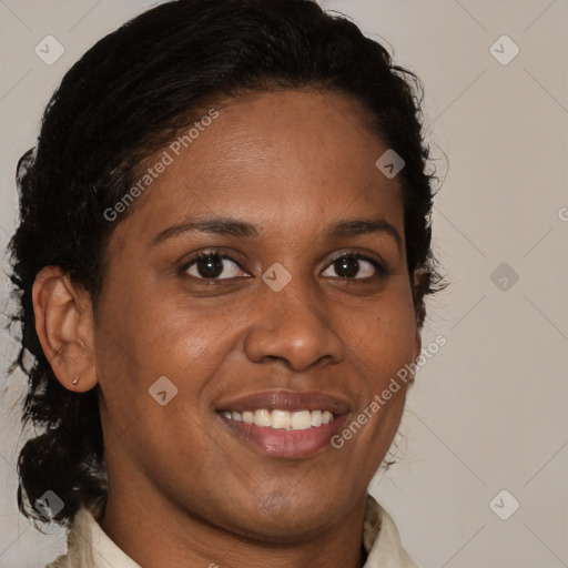 Joyful black young-adult female with medium  brown hair and brown eyes