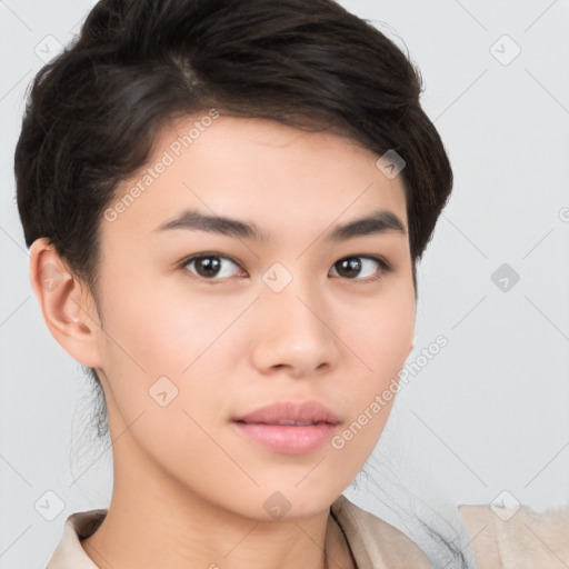 Neutral white young-adult female with short  brown hair and brown eyes