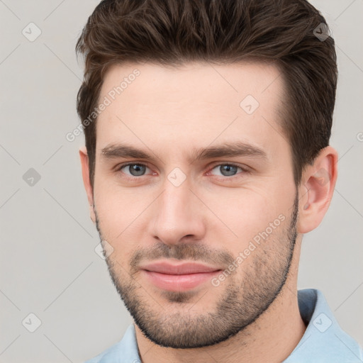 Neutral white young-adult male with short  brown hair and brown eyes