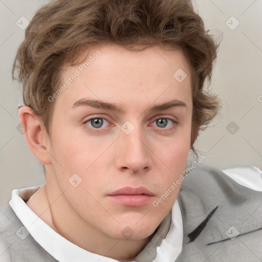 Neutral white young-adult male with short  brown hair and grey eyes