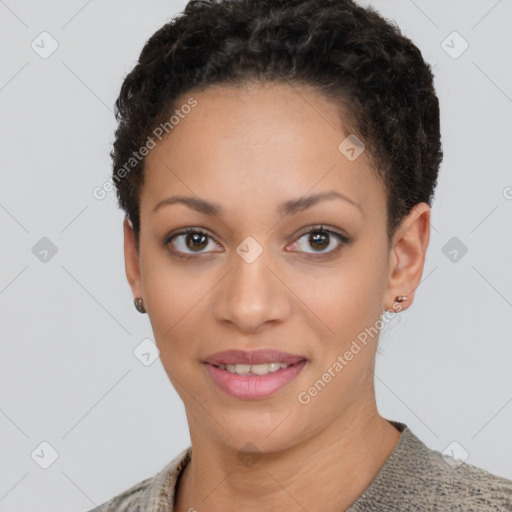 Joyful latino young-adult female with short  brown hair and brown eyes