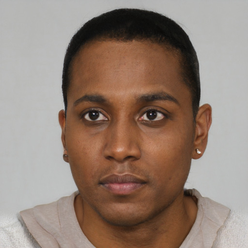 Neutral black young-adult male with short  black hair and brown eyes