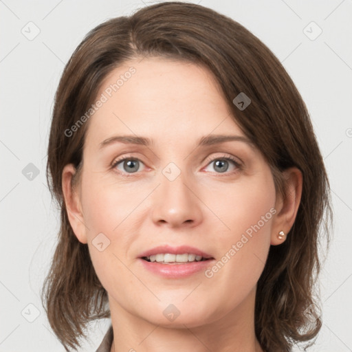 Joyful white young-adult female with medium  brown hair and grey eyes