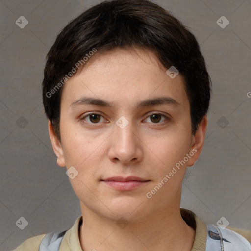 Neutral white young-adult female with short  brown hair and brown eyes