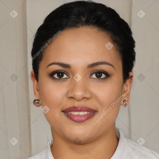 Joyful latino young-adult female with short  brown hair and brown eyes