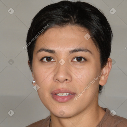 Joyful asian young-adult female with short  brown hair and brown eyes