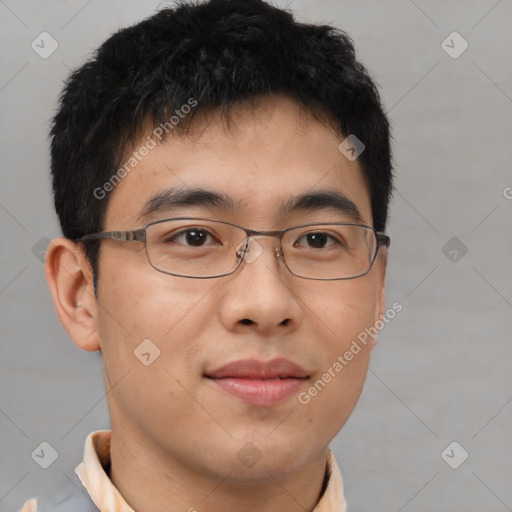 Joyful asian young-adult male with short  brown hair and brown eyes