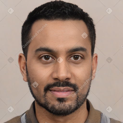 Neutral latino young-adult male with short  black hair and brown eyes