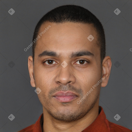 Neutral latino young-adult male with short  black hair and brown eyes