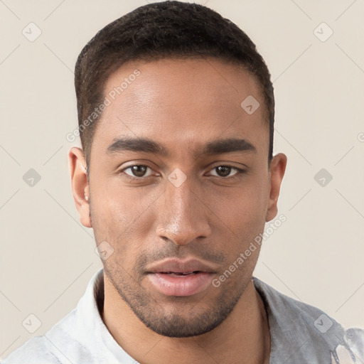 Neutral white young-adult male with short  brown hair and brown eyes