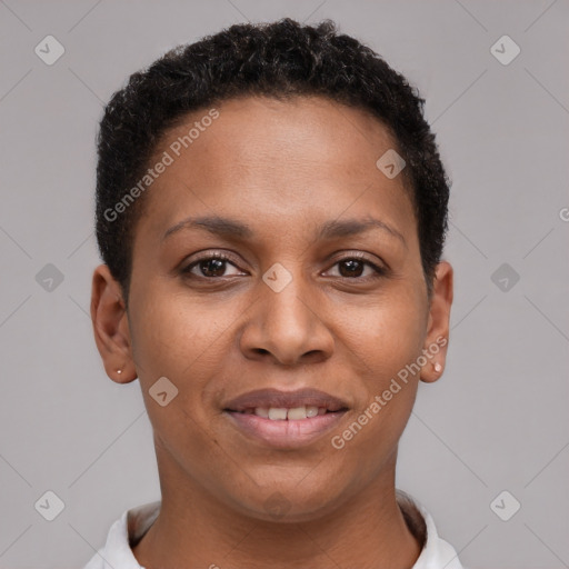 Joyful black young-adult female with short  brown hair and brown eyes