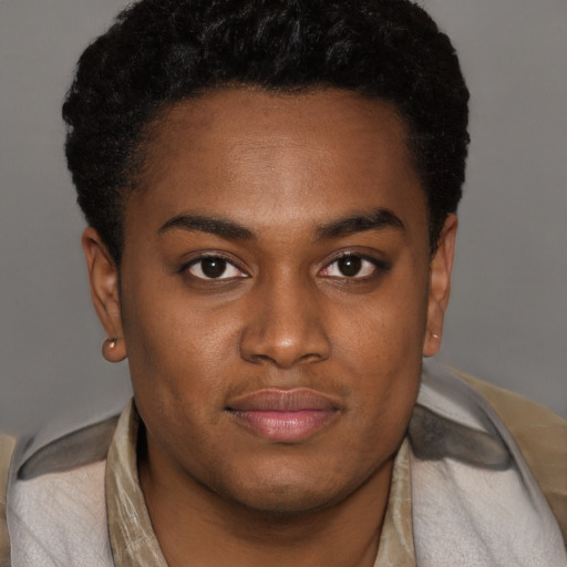 Joyful black young-adult male with short  brown hair and brown eyes