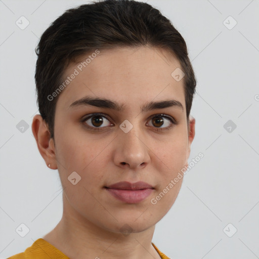 Joyful white young-adult female with short  brown hair and brown eyes