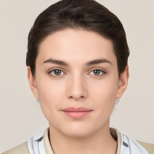 Neutral white young-adult female with medium  brown hair and brown eyes