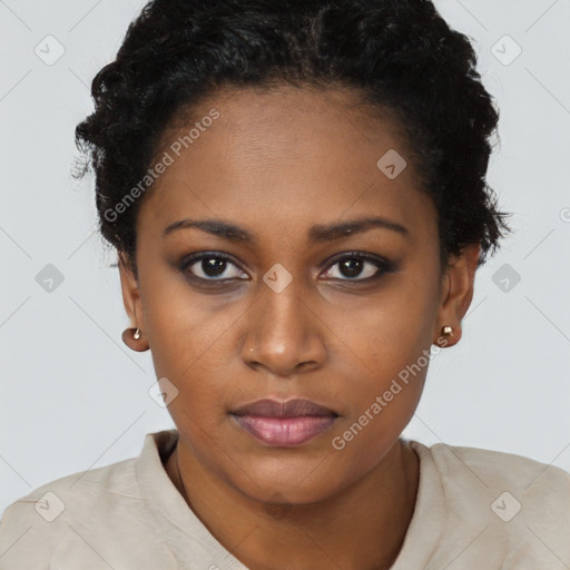 Neutral black young-adult female with short  black hair and brown eyes