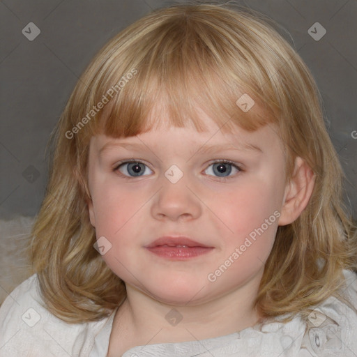 Neutral white child female with medium  brown hair and blue eyes