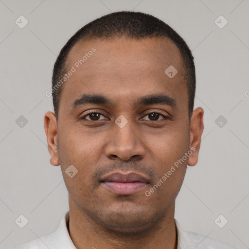 Neutral latino young-adult male with short  black hair and brown eyes