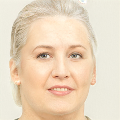 Joyful white adult female with short  blond hair and grey eyes