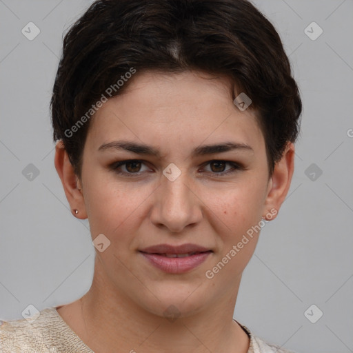 Joyful white young-adult female with short  brown hair and grey eyes