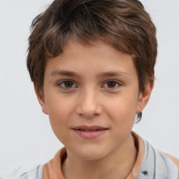 Joyful white child female with short  brown hair and brown eyes