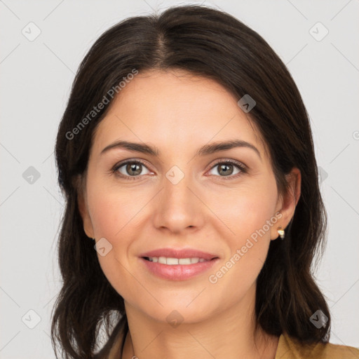 Joyful white young-adult female with medium  brown hair and brown eyes