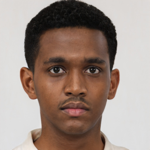 Neutral black young-adult male with short  black hair and brown eyes