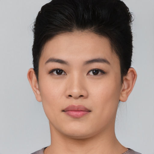 Neutral asian young-adult female with short  brown hair and brown eyes