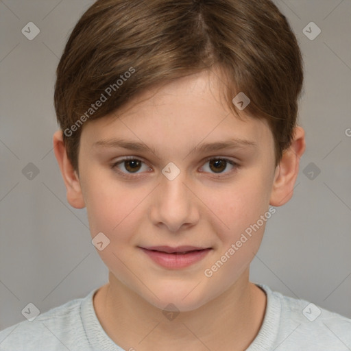 Joyful white child female with short  brown hair and brown eyes