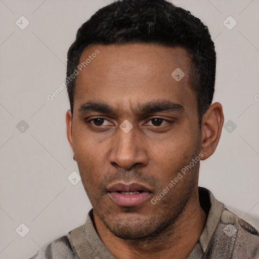 Neutral latino young-adult male with short  black hair and brown eyes