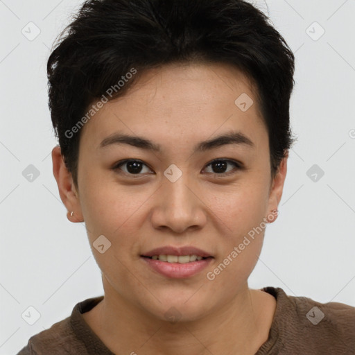 Joyful asian young-adult female with short  brown hair and brown eyes