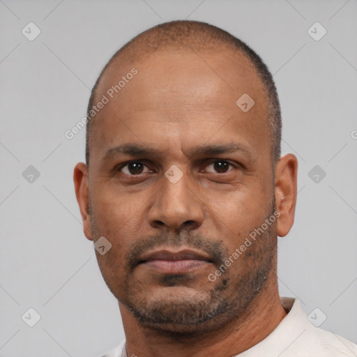 Neutral latino adult male with short  black hair and brown eyes