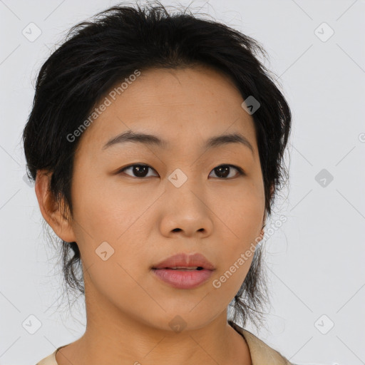 Neutral asian young-adult female with medium  brown hair and brown eyes