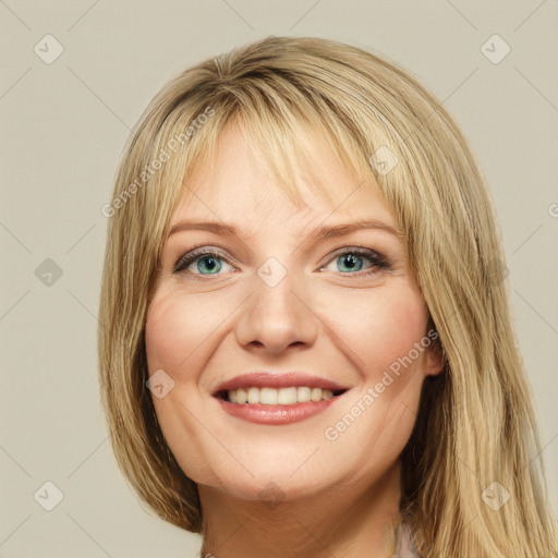 Joyful white young-adult female with long  brown hair and green eyes