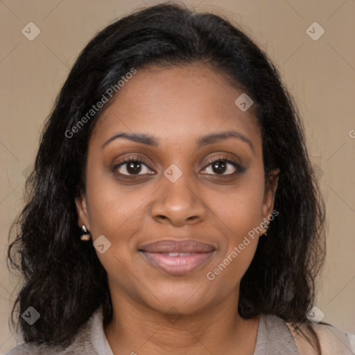 Joyful latino young-adult female with medium  brown hair and brown eyes