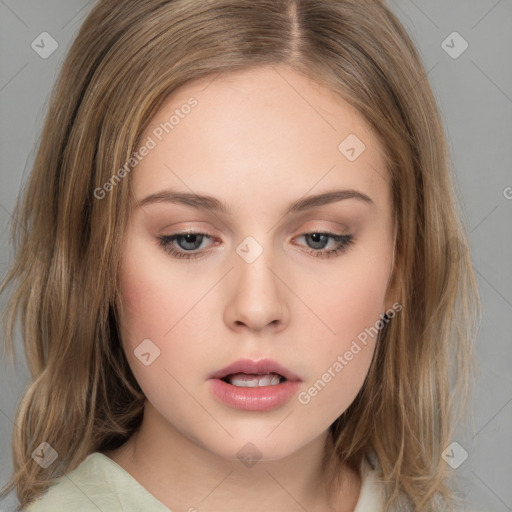 Neutral white young-adult female with medium  brown hair and brown eyes