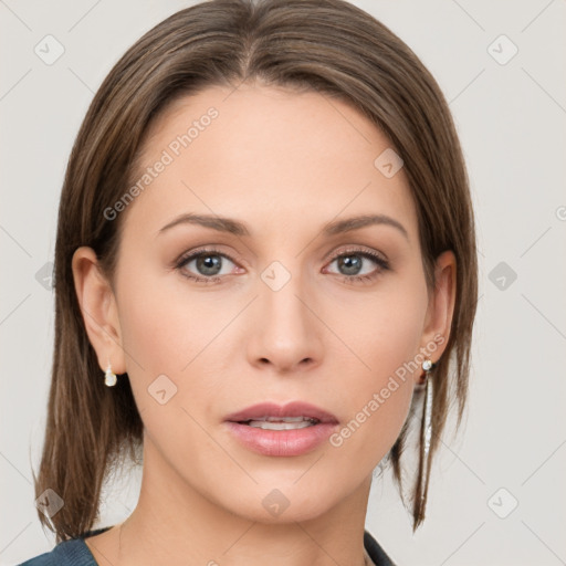 Neutral white young-adult female with medium  brown hair and grey eyes